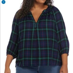 Crown & Ivy plaid navy icon Peasant blouse Size XXL New